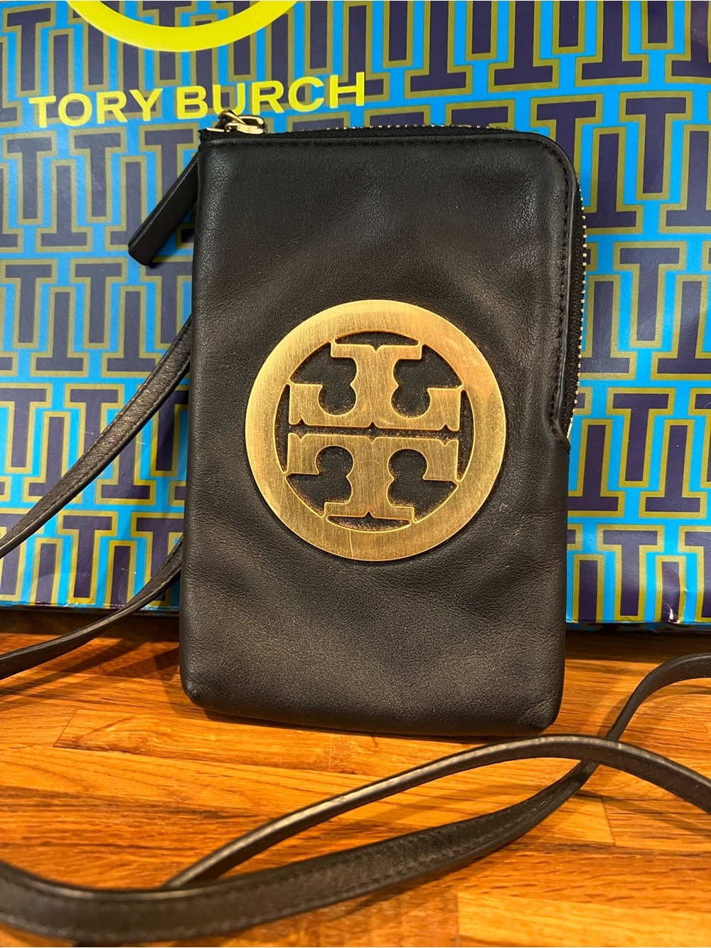 Tory Burch Black Leather Crossbody with Gold Logo Medallion